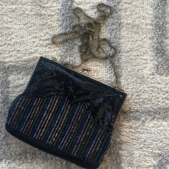 Vintage Black and multi Beaded Purse antique Gold tone Chain Shoulder Strap - Picture 13 of 16